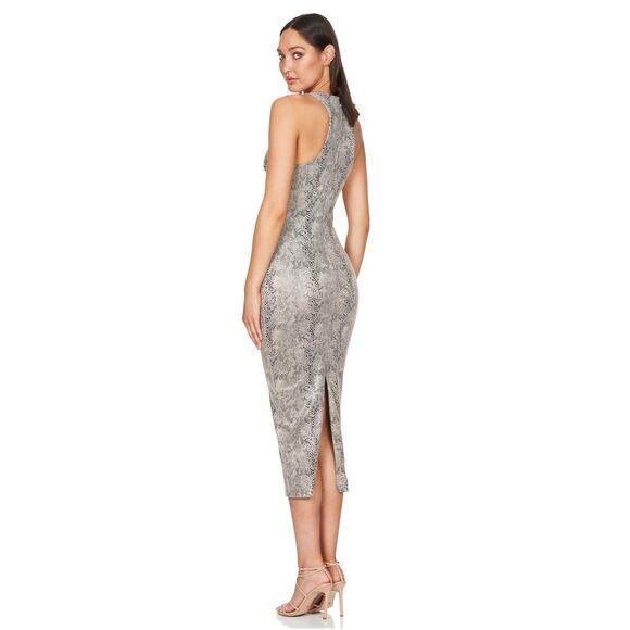 NWT Nookie Sz L Gigi Natural Snakeskin Print Plunge Neck Cut Out Midi Dress Sexy - Picture 2 of 5